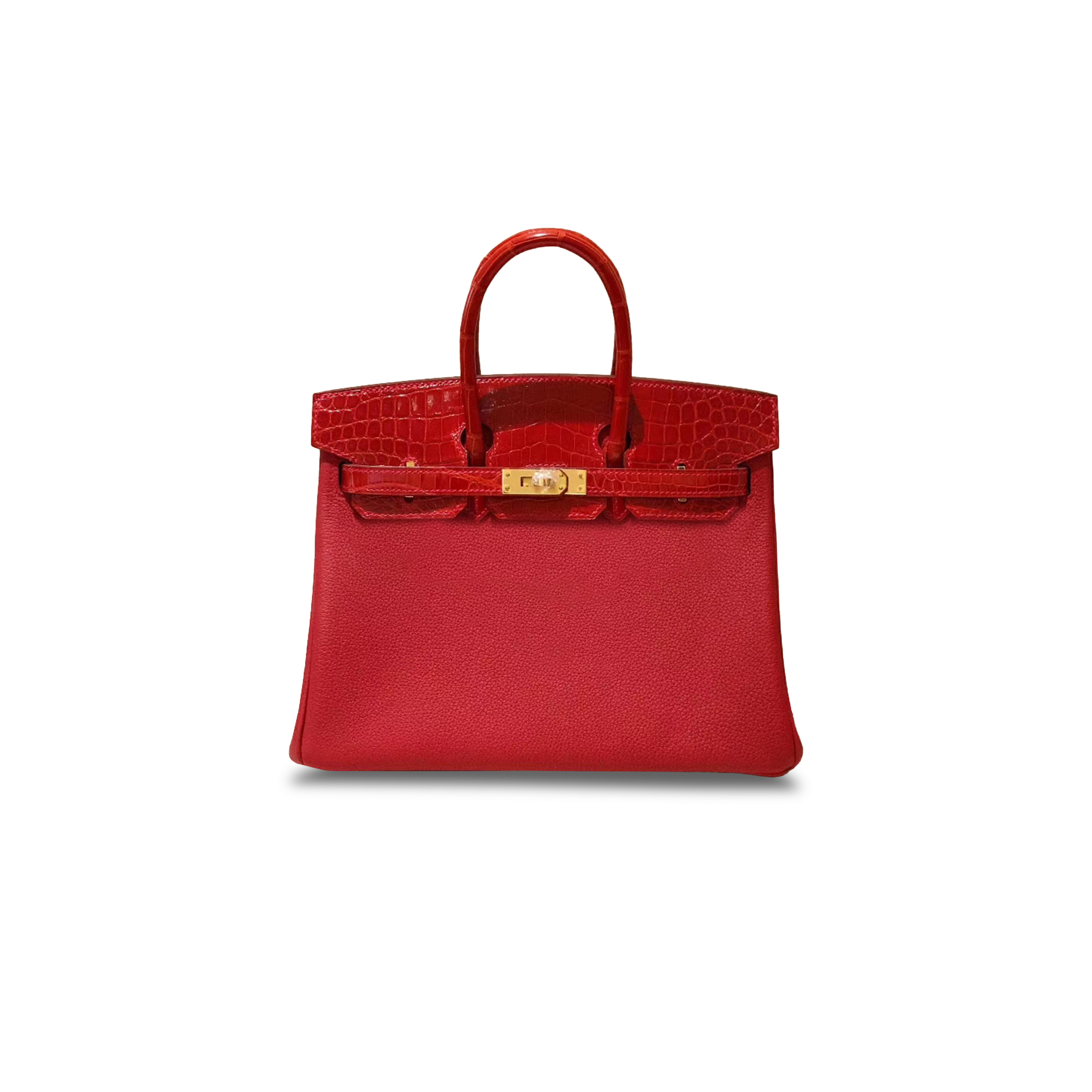 HERMÈS MASTER BIRKIN 25 CROCODILE AND TOGO LEATHER FLAG RED GOLD BUCKLE H076216CK16 (25*20*13cm)